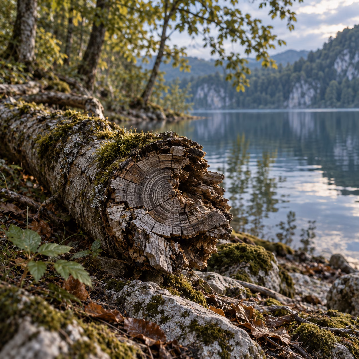 Weathered growth rings and living moss beside a lake.