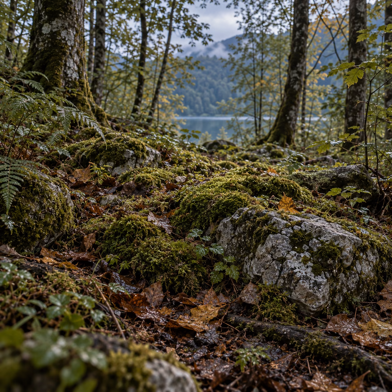 Moss-covered rocks and ferns on a woodland floor beside a quiet lake.