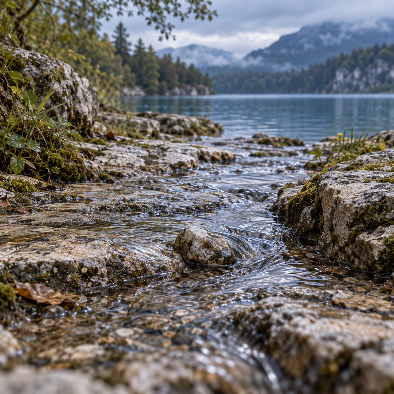 A thin rivulet makes a small turn around one pebble.