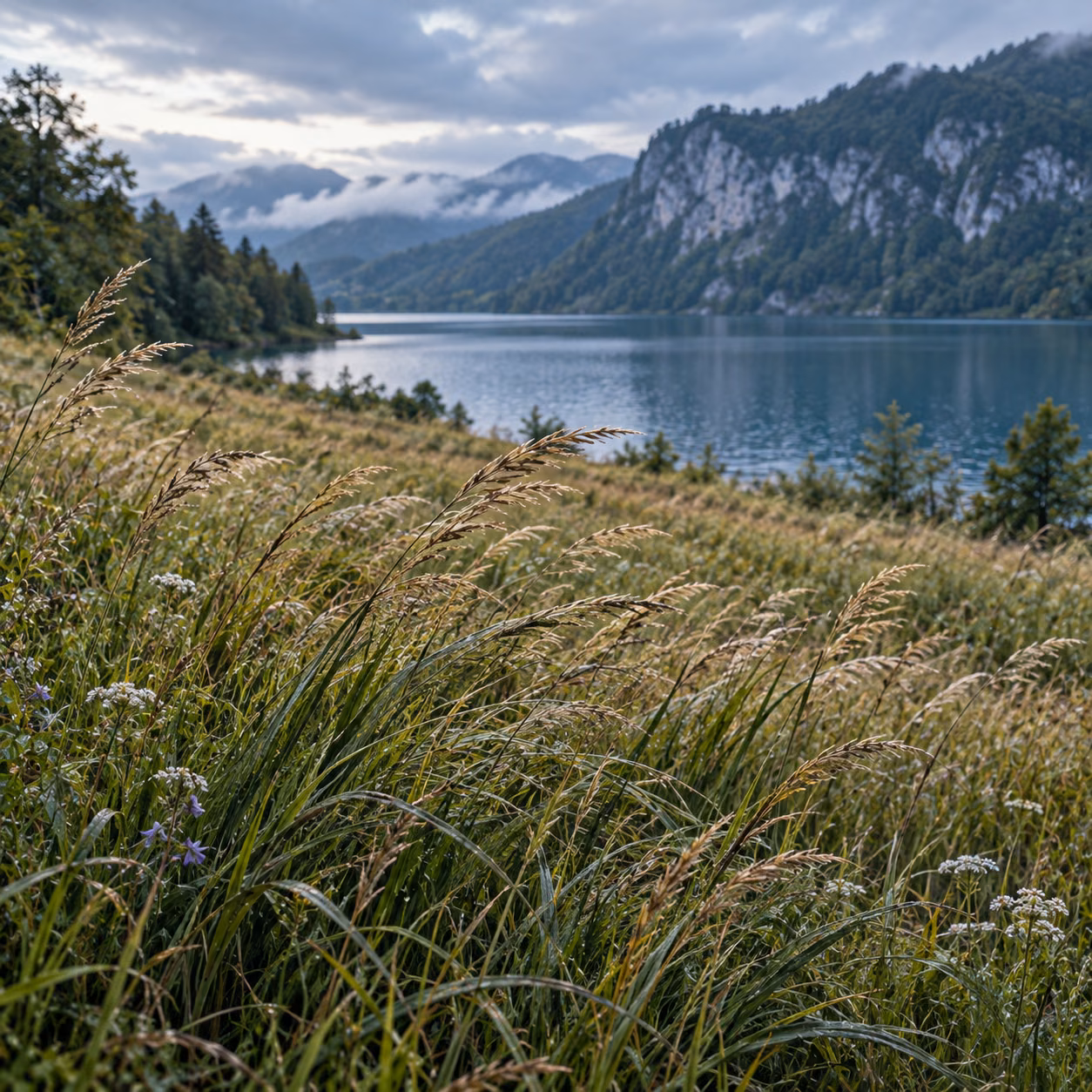 A steady breeze bends successive bands of lakeside grasses.