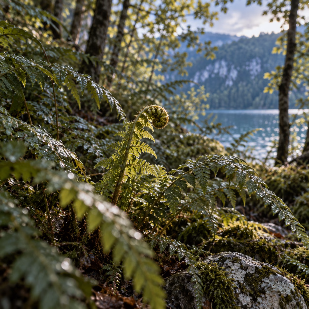 Broken canopy light catches an unfolding fern among wet leaves.