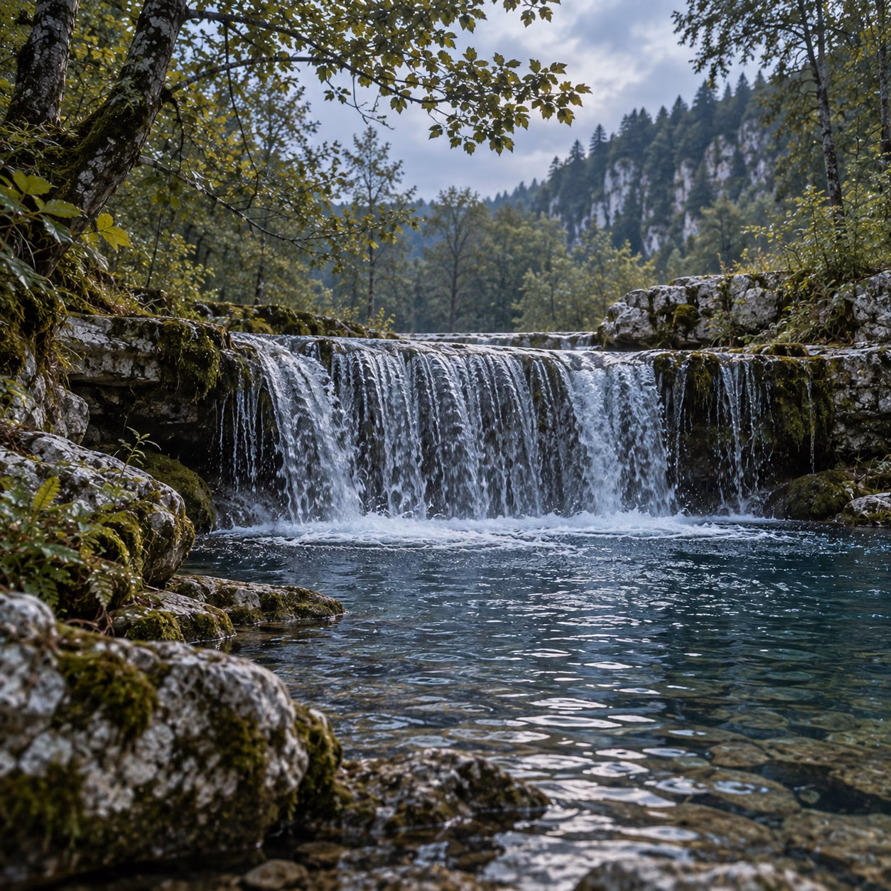 A broad waterfall flows over a rocky ledge into a clear woodland pool.