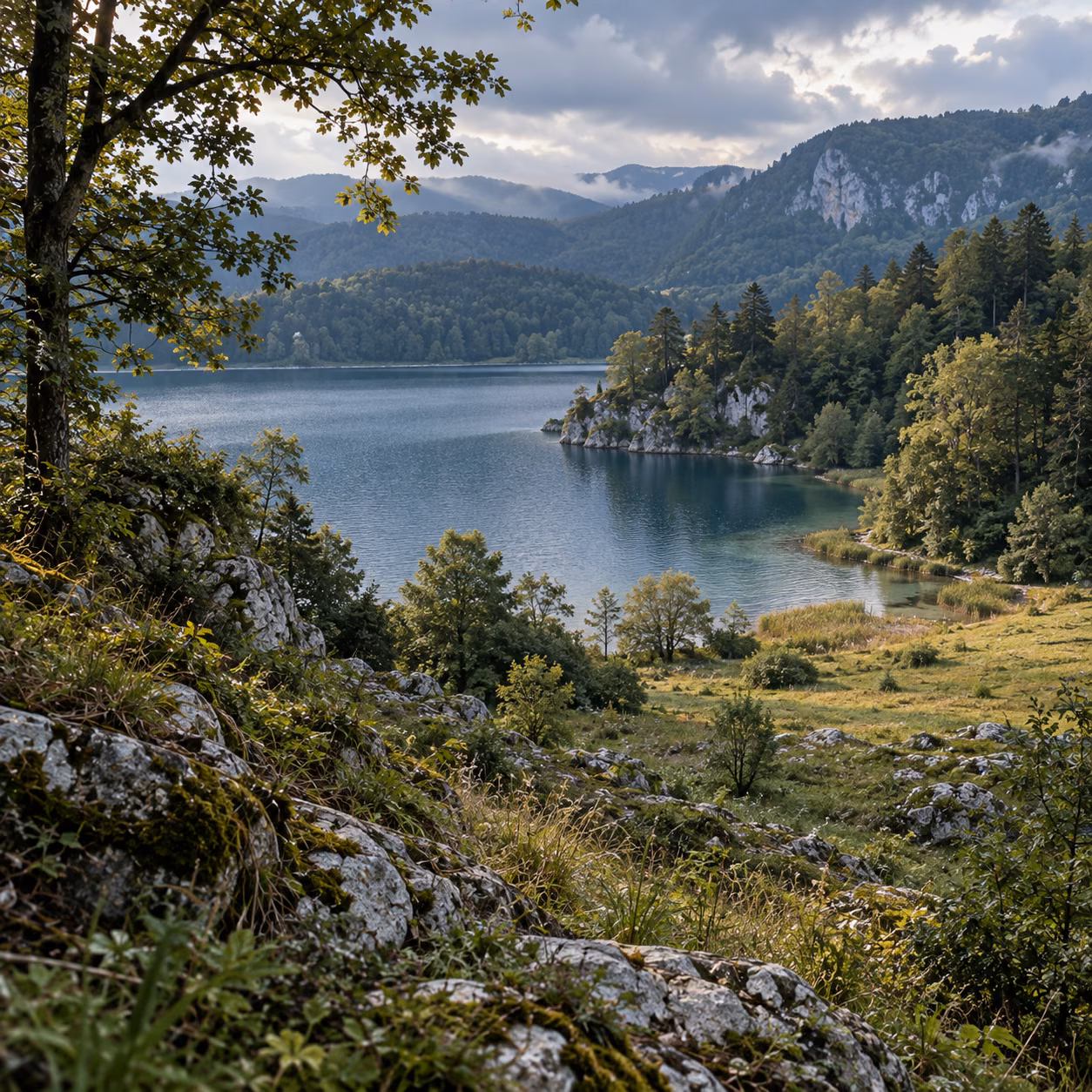 Woodland, meadow, stone and water meet around a sheltered cove.