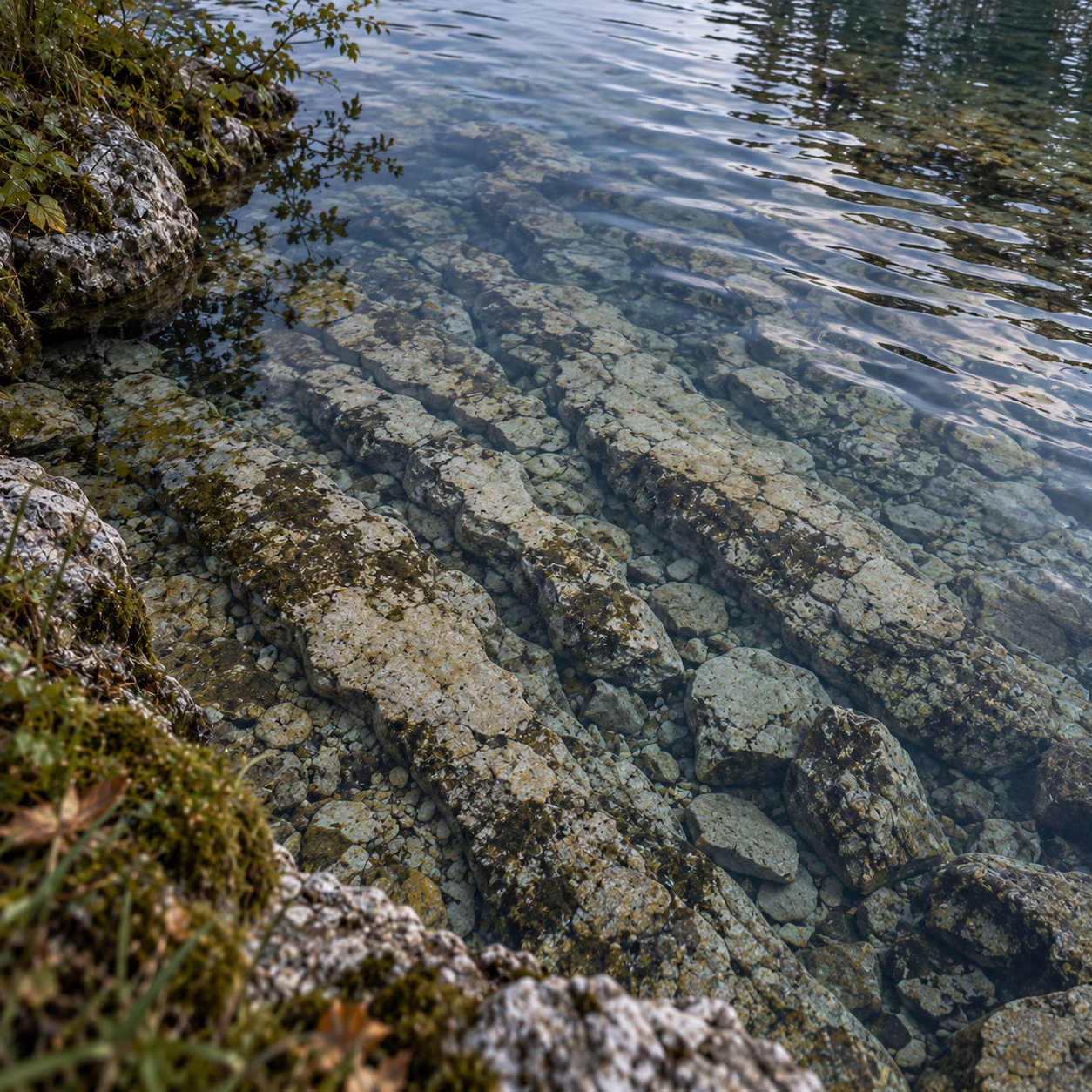 Clear shallow water reveals the limestone seams beneath it.