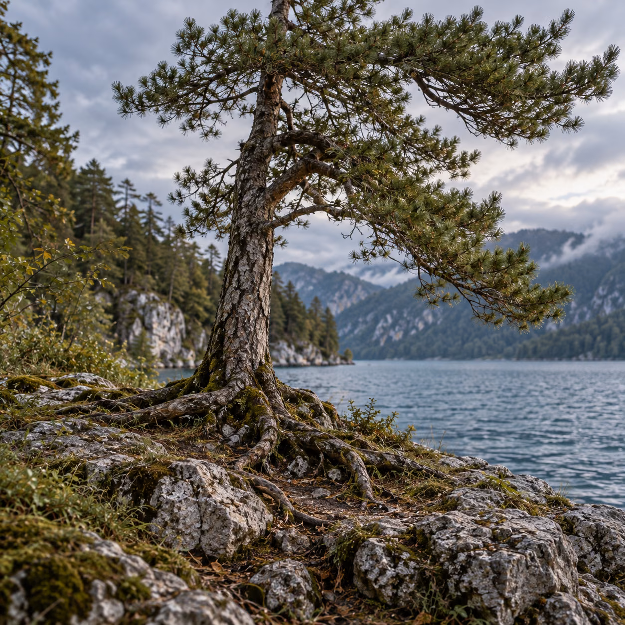 A wind-shaped pine holds to a low rocky bank.