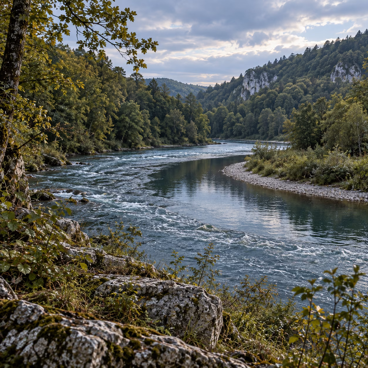 A river turns toward the quiet water along its inner bank.