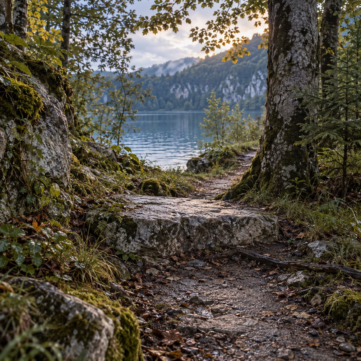 A limestone step at the edge of a quiet woodland lake