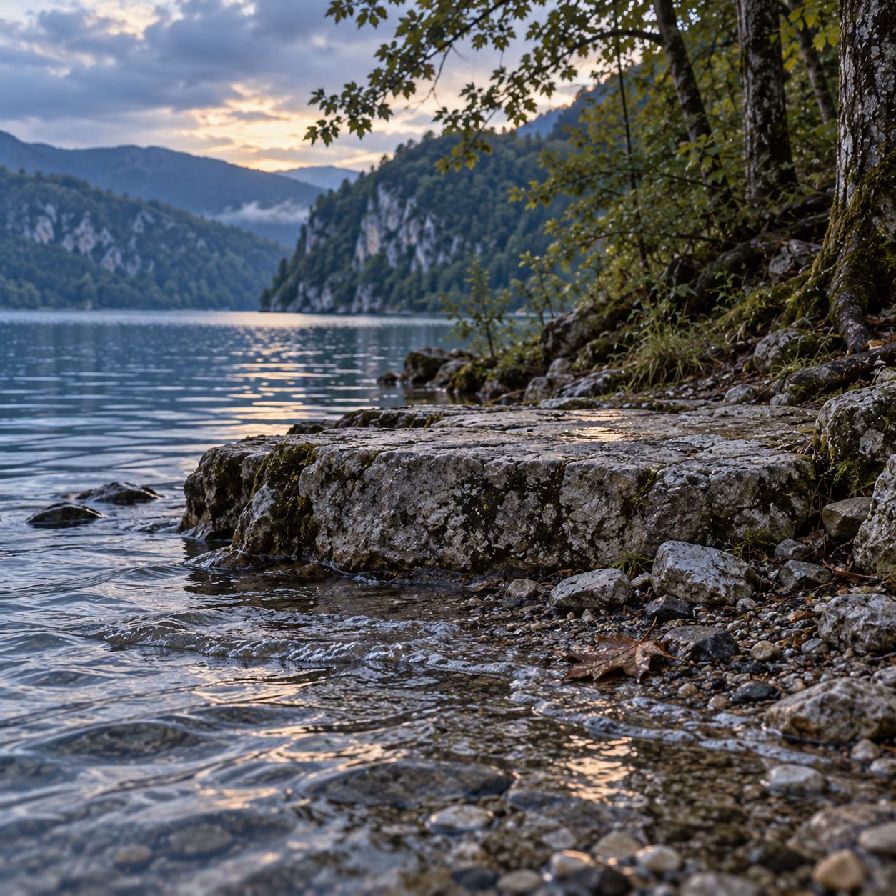 Small waves meeting the stones of a still, tree-lined lakeshore